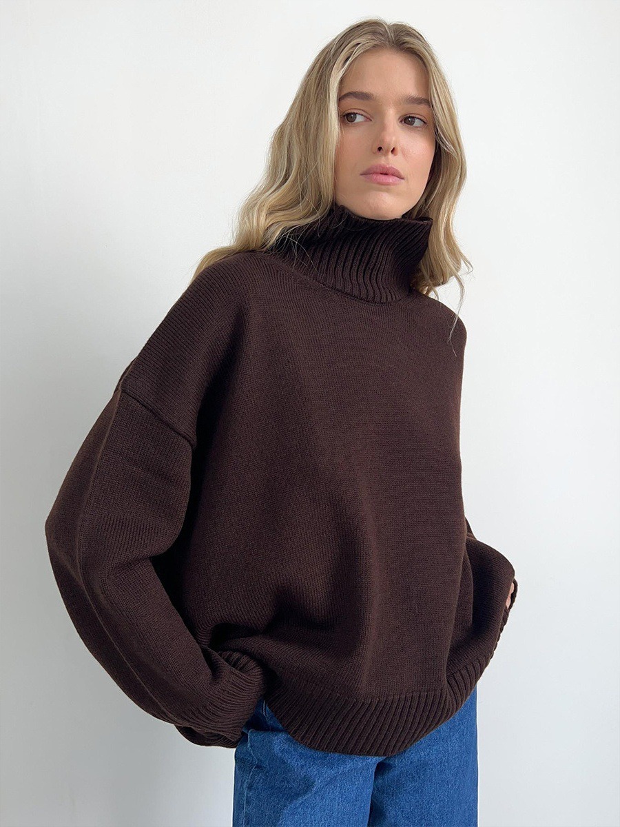 Women's Loose High Neck Solid Color Pullover Knit Sweater