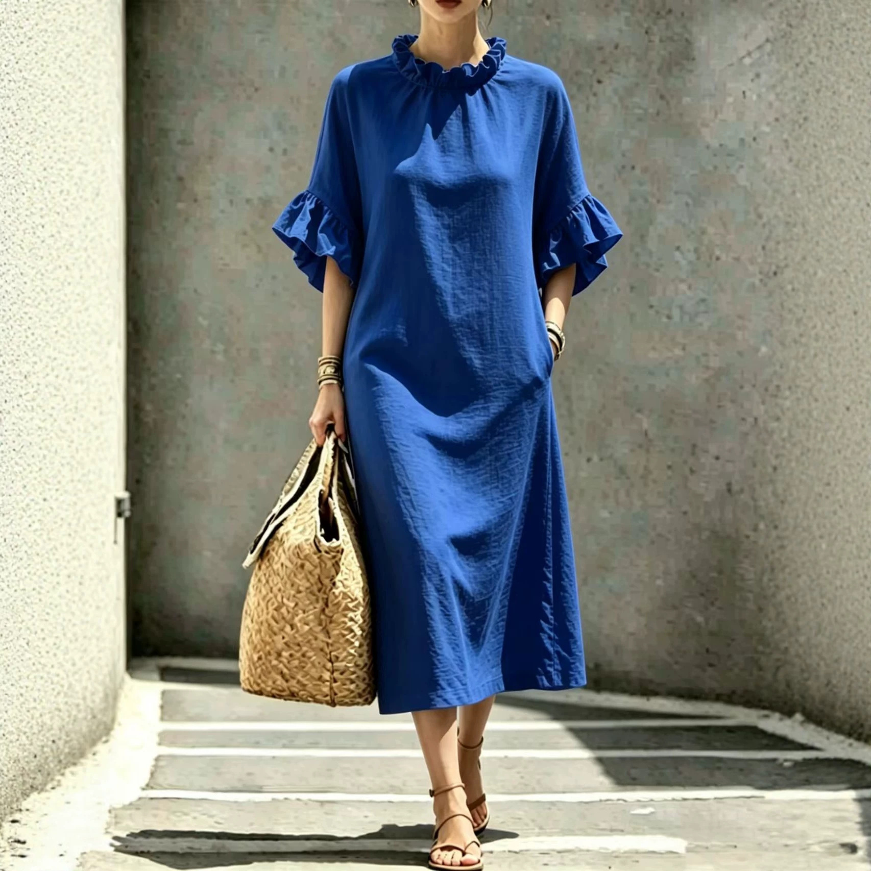 Ruffled Collar Petal Sleeve A-Line Midi Dress