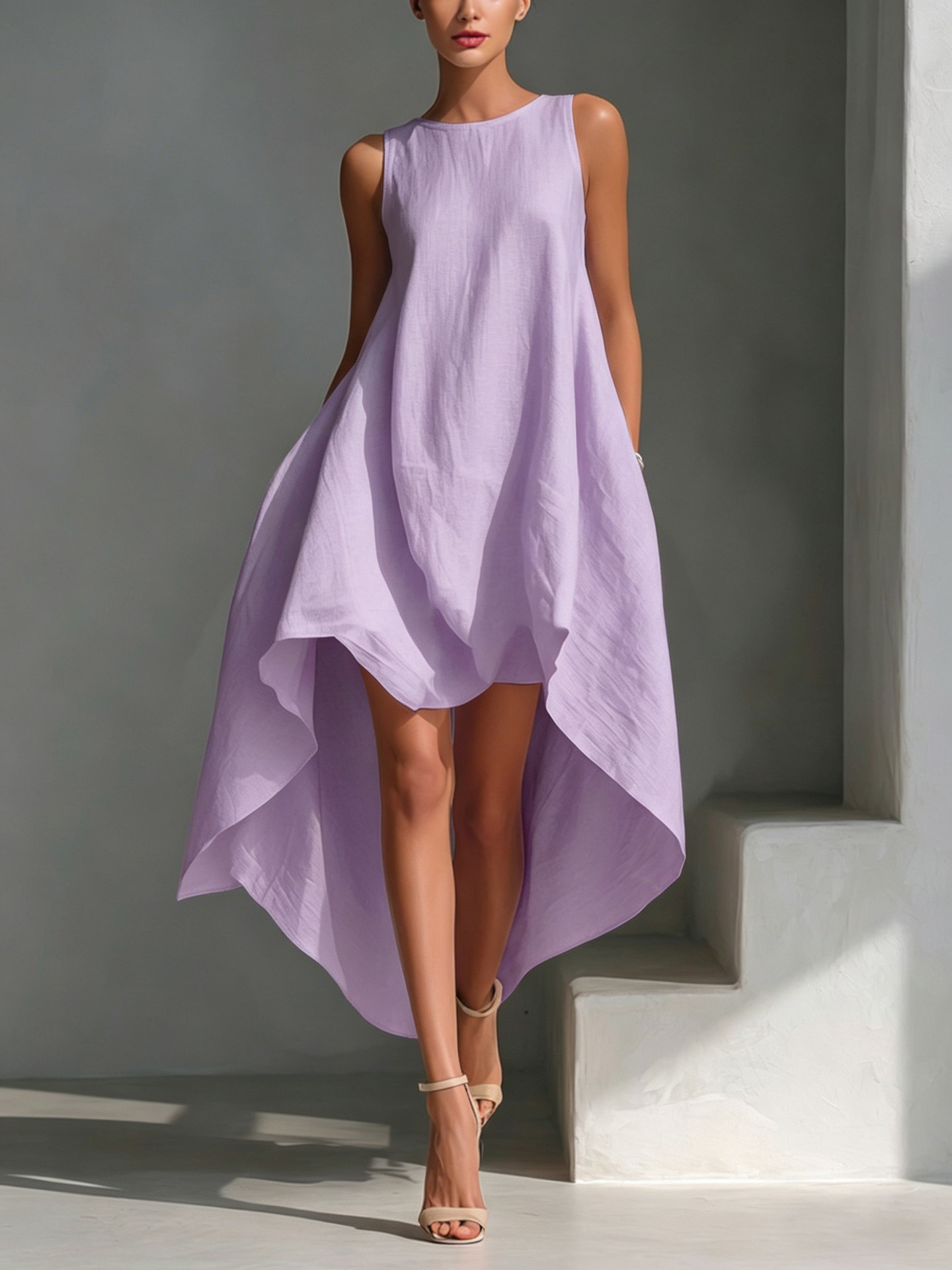Women's Summer Sleeveless Round Neck Solid Color Flowy Midi Dress