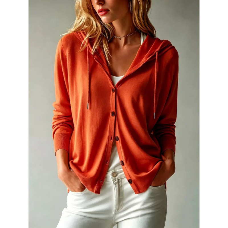 Women's Hooded Knit Cardigan Solid Color Long Sleeve Lightweight Loose Fit