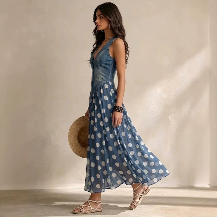 Polka Dot Faux Denim Print Sleeveless Long Dress