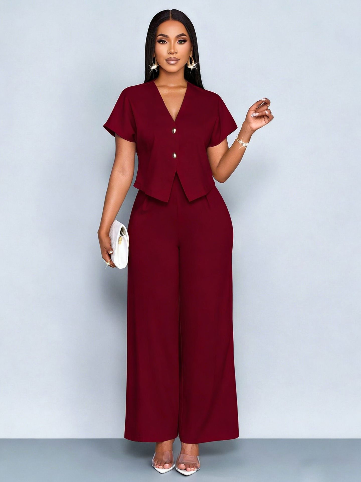 Women's V-Neck Asymmetric Cardigan & Wide-Leg Pants Plus Size Casual Two-Piece Set
