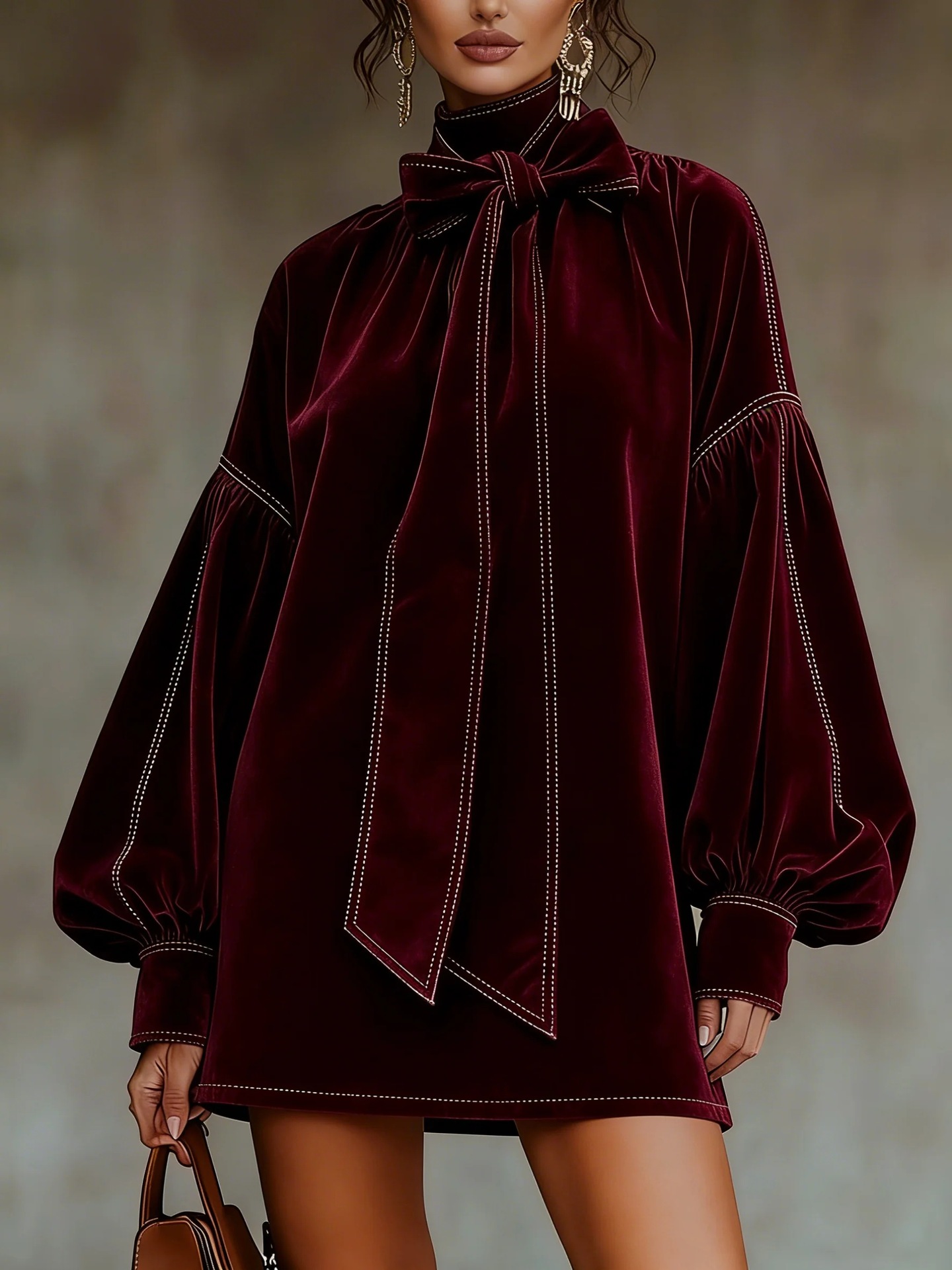 Velvet Long Sleeve Bow Short Dress