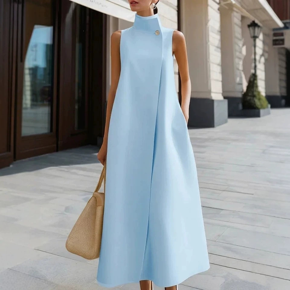Elegant Stand Collar Sleeveless A-Line Midi Dress