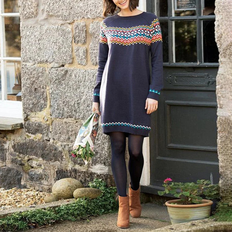 Icelandic Vintage Jacquard Knit Sweater Dress Long Sleeve Round Neck