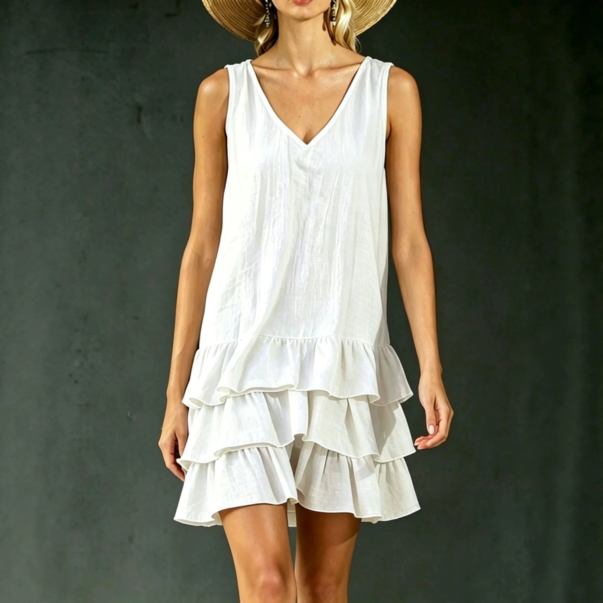 Women's Sleeveless V-Neck Midi Dress with Patchwork Detail