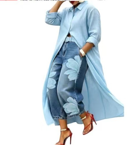 Yellow Long Shirt Jacket & Floral Wide-Leg Jeans Set