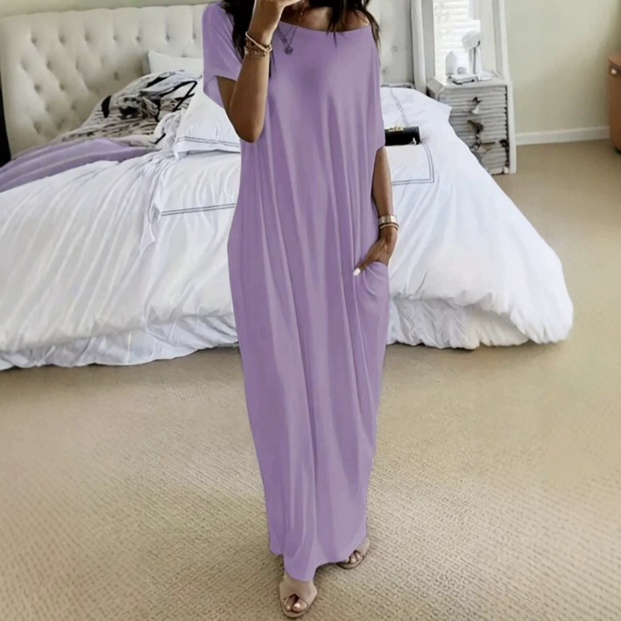 Women's Solid Short Sleeve Midi Casual Dress