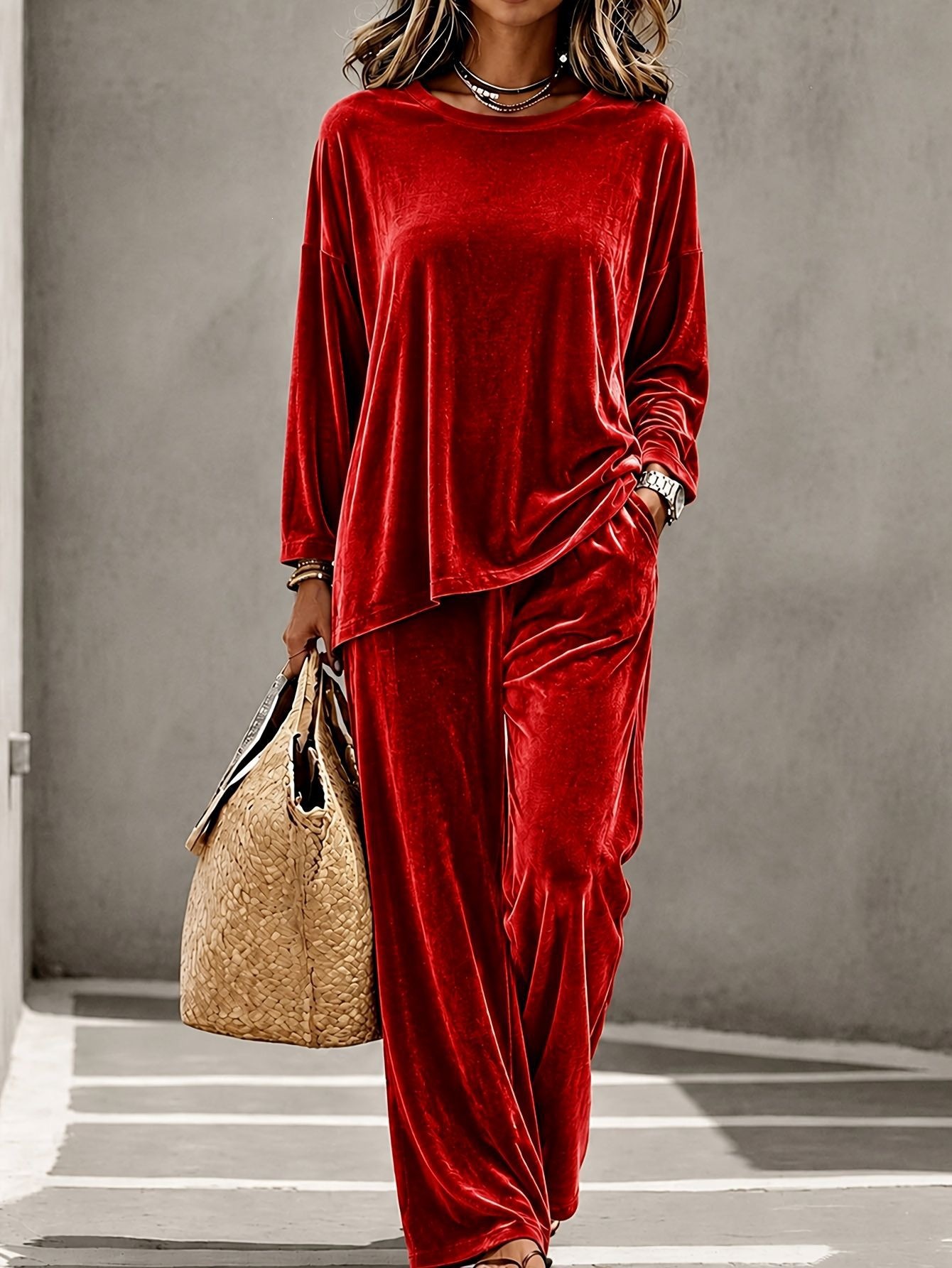 2026 New Cross-Border Women's Casual Round Neck Pullover Long Sleeve Long Pants Velvet Multi-Color Women's Set