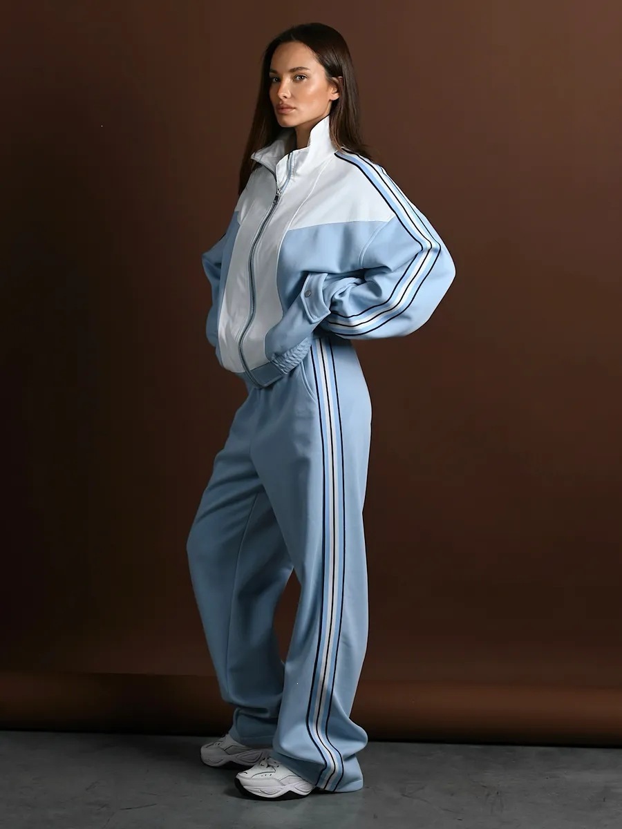 Women's Color-Block Side-Stripe Zip-Up Tracksuit with Drawstring Waist Wide-Leg Pants