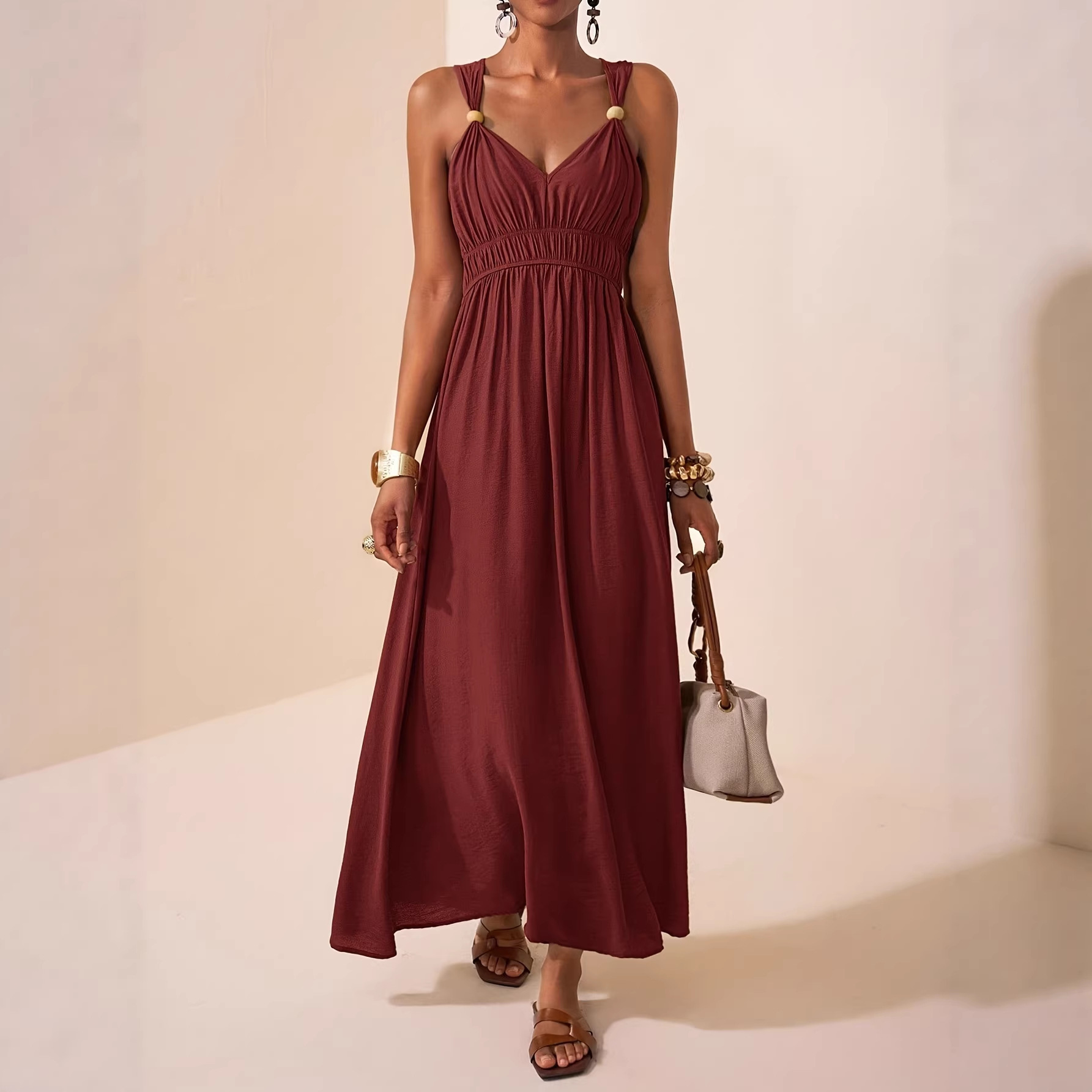 Women's Sleeveless Deep V-Neck A-Line Maxi Dress