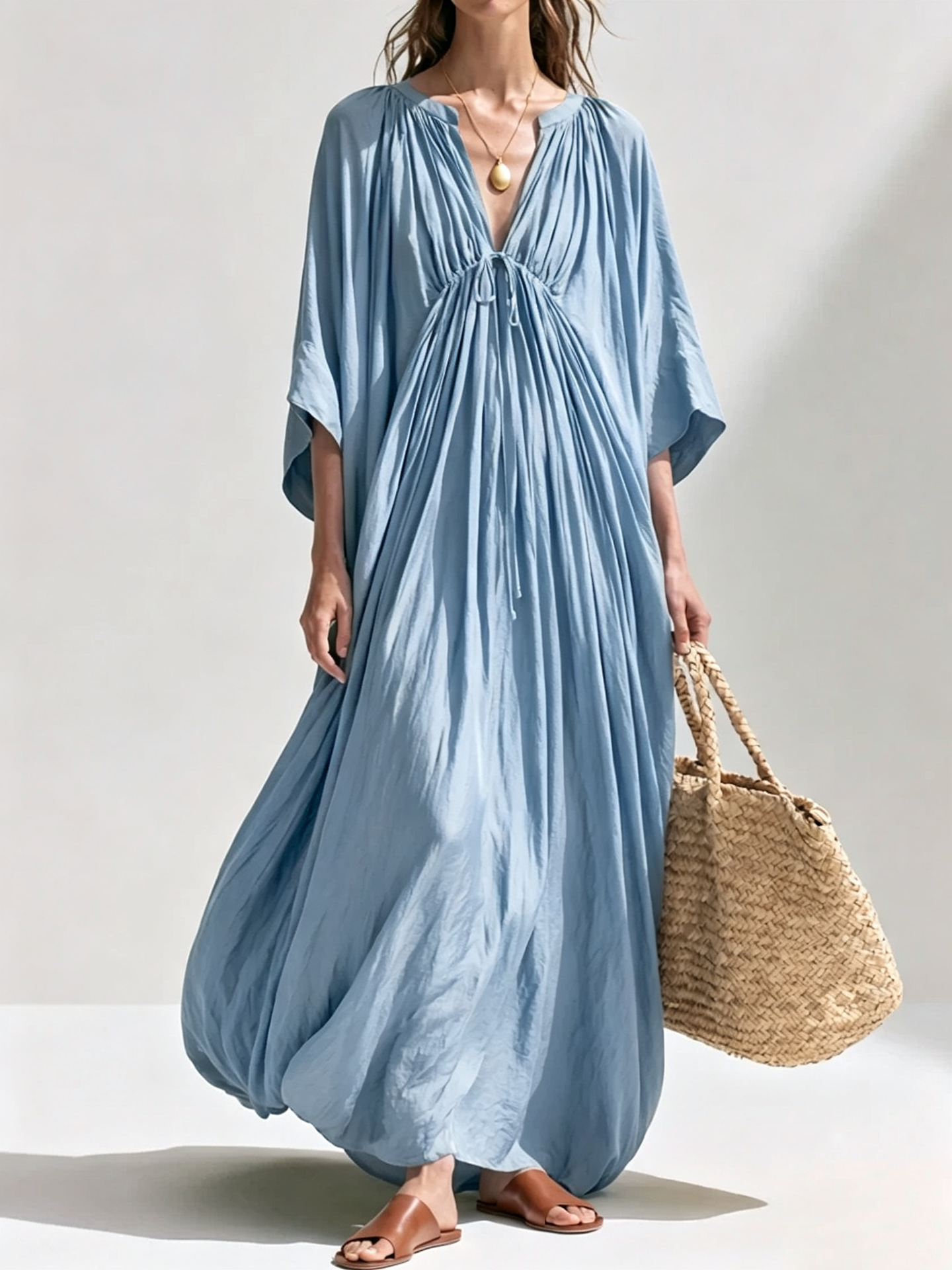 V-Neck Pleated Solid Color Loose Casual Dress