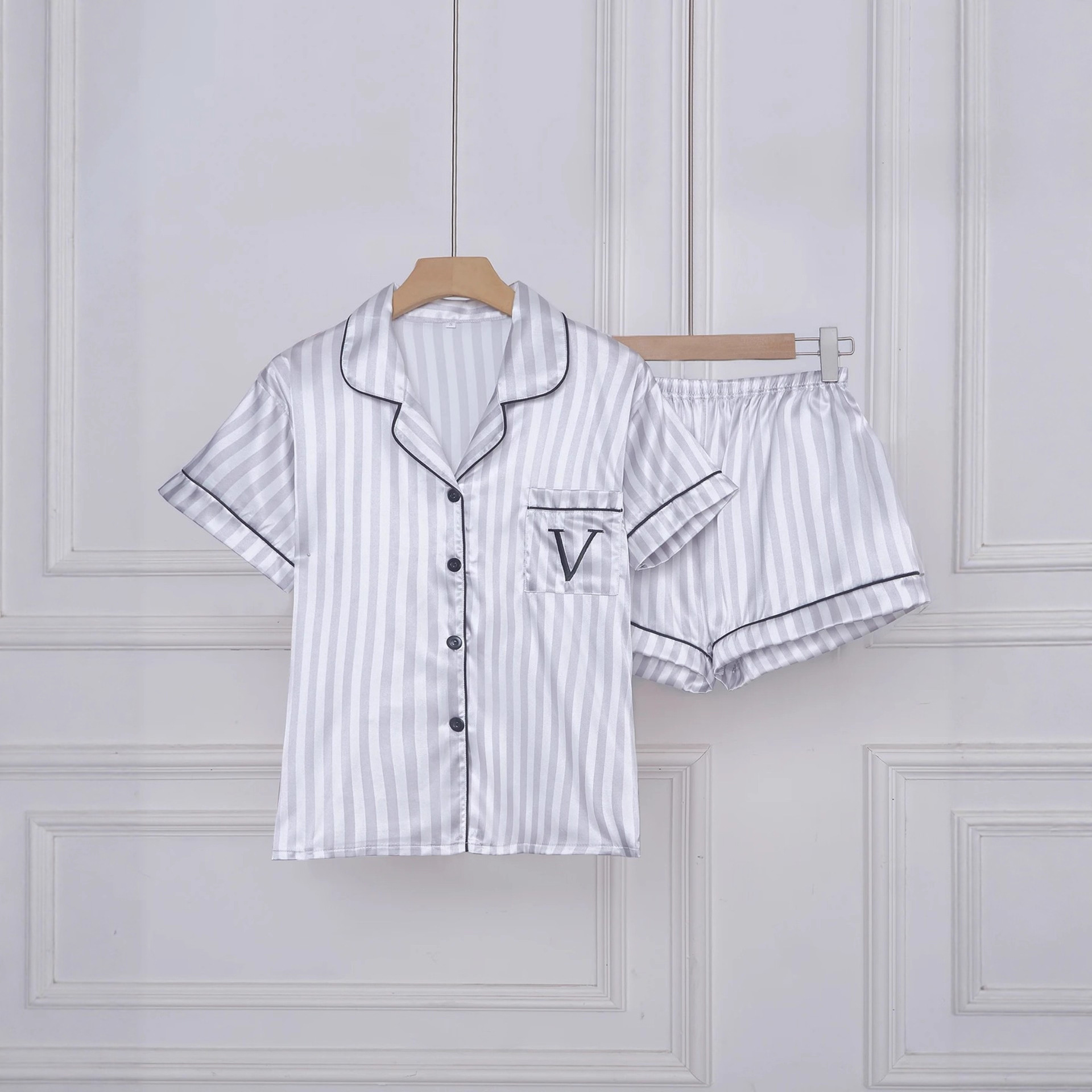 Women's Cuban Collar Striped Letter Short Sleeve Shirt Set