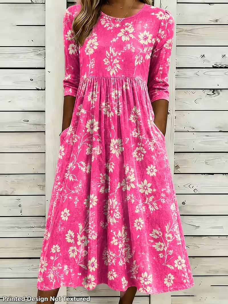 Women's Vintage Floral Print Pleated Midi Dress