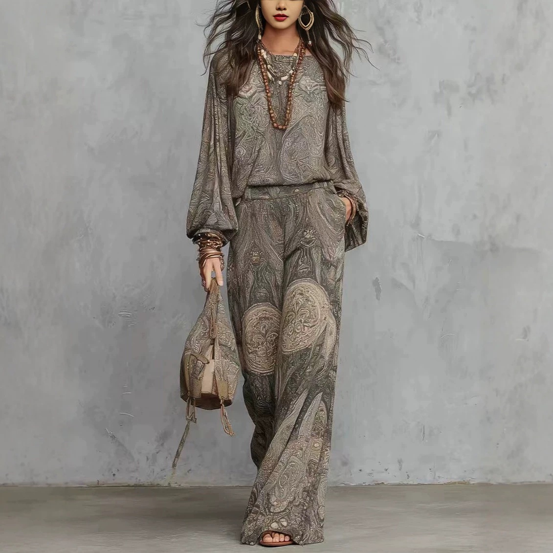 Paisley Print Retro Two-Piece Set with Long-Sleeve Shirt