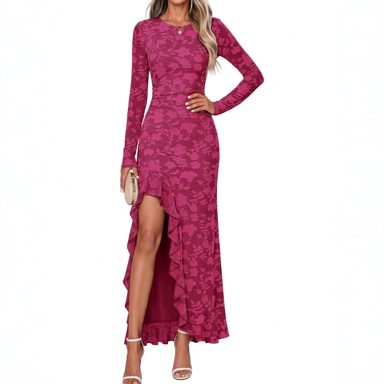 Women's Long Sleeve Round Neck Solid Color Slim Fit Split Dress