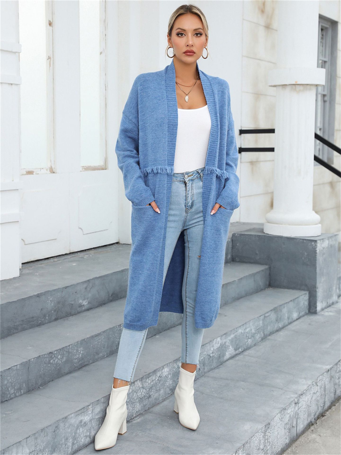 Women's Plus Size Long Fringe Cardigan Sweater with Pockets