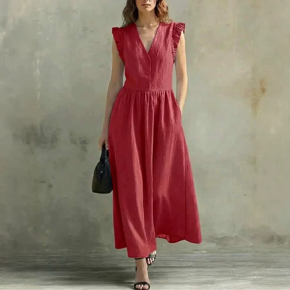 Women's Summer Ruffle Sleeve Solid Color Waist-Cinching Short Dress