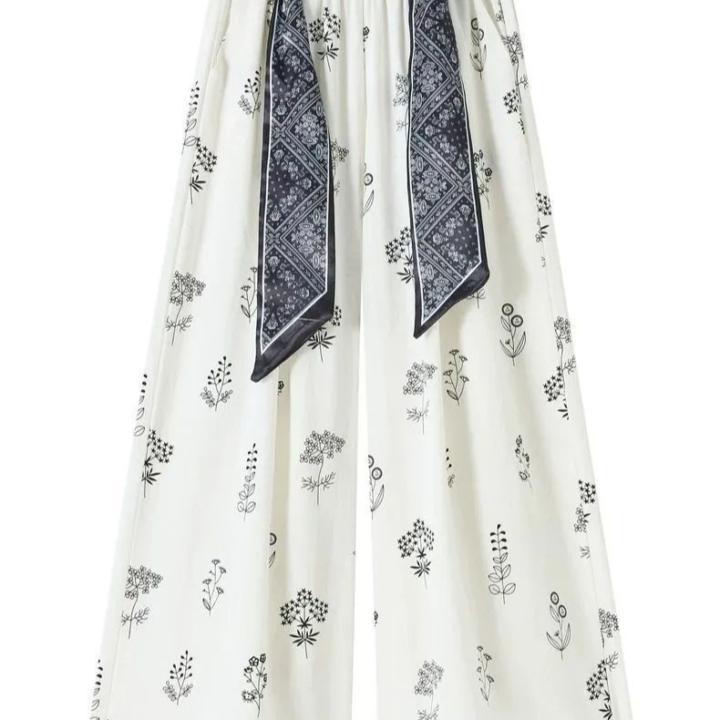 Printed Cotton-Linen Wide-Leg Pants for Women, High-Waist Tie, Loose Cropped