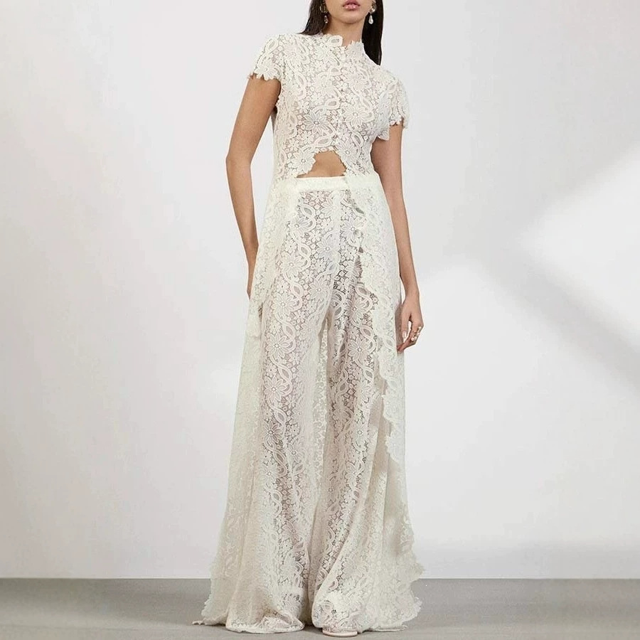 Lace Solid Color Dress Set with Cutout Round Neck and Front Slit