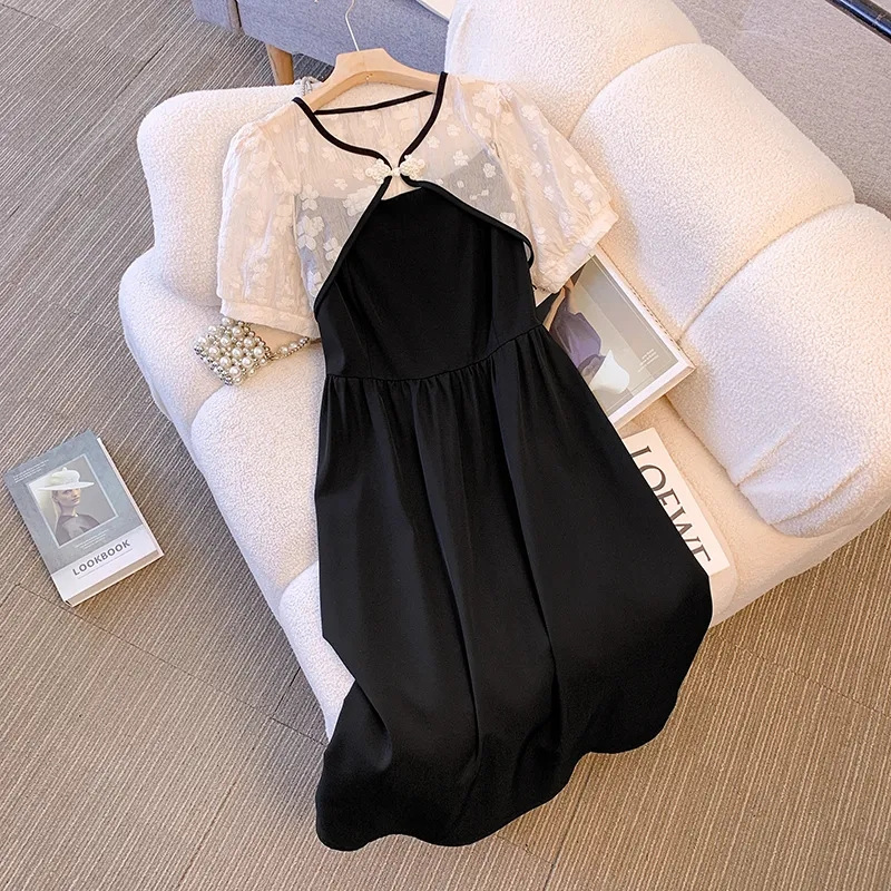 Plus Size Women's Tie-Front A-Line Midi Dress New Chinese Style V-Neck Short Sleeve Black