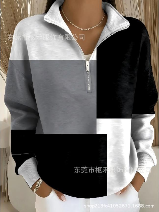 Plaid Color-Block Print Half-Zip Hoodie for Women