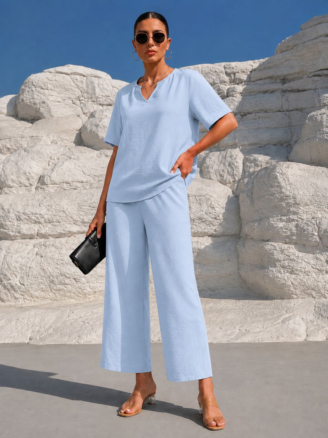 Women's Solid V-Neck Short-Sleeve Top & Wide-Leg Cropped Pants Vacation Set
