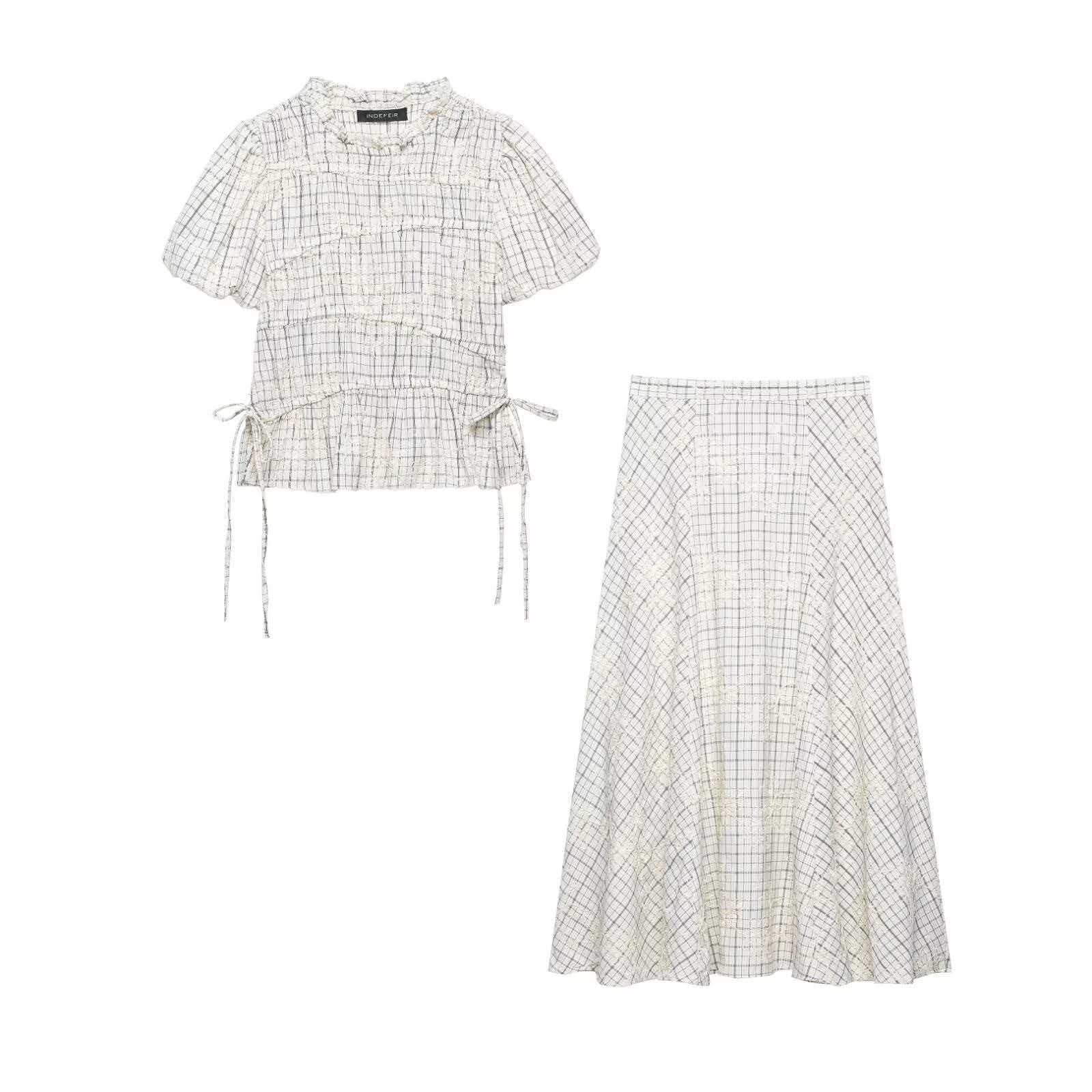 Women's Plaid Ruffle Drawstring Top and Skirt Set