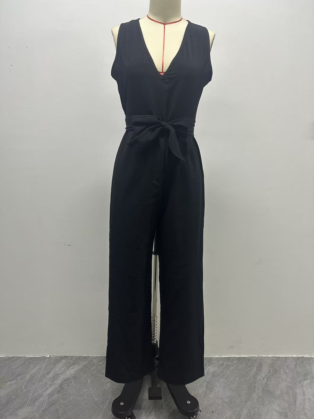 Women's Cotton-Linen Sleeveless V-Neck Jumpsuit with Bow Tie Waist and Wide Legs