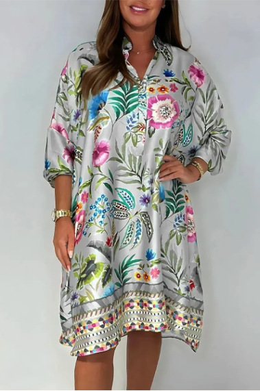 Women's V-Neck Floral Print Midi A-Line Dress with Puff Sleeves
