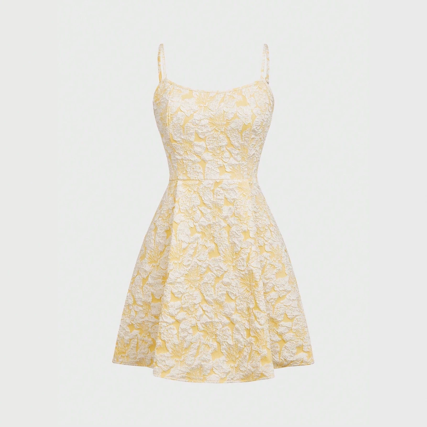 Sleeveless Yellow Cami Dress Square Neck Lace Trim 3D Floral Pleated Mini Party Dress