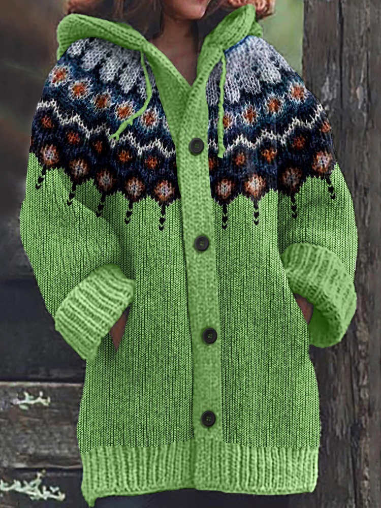 Women's Floral Leaf Print Hooded Button Cardigan Sweater