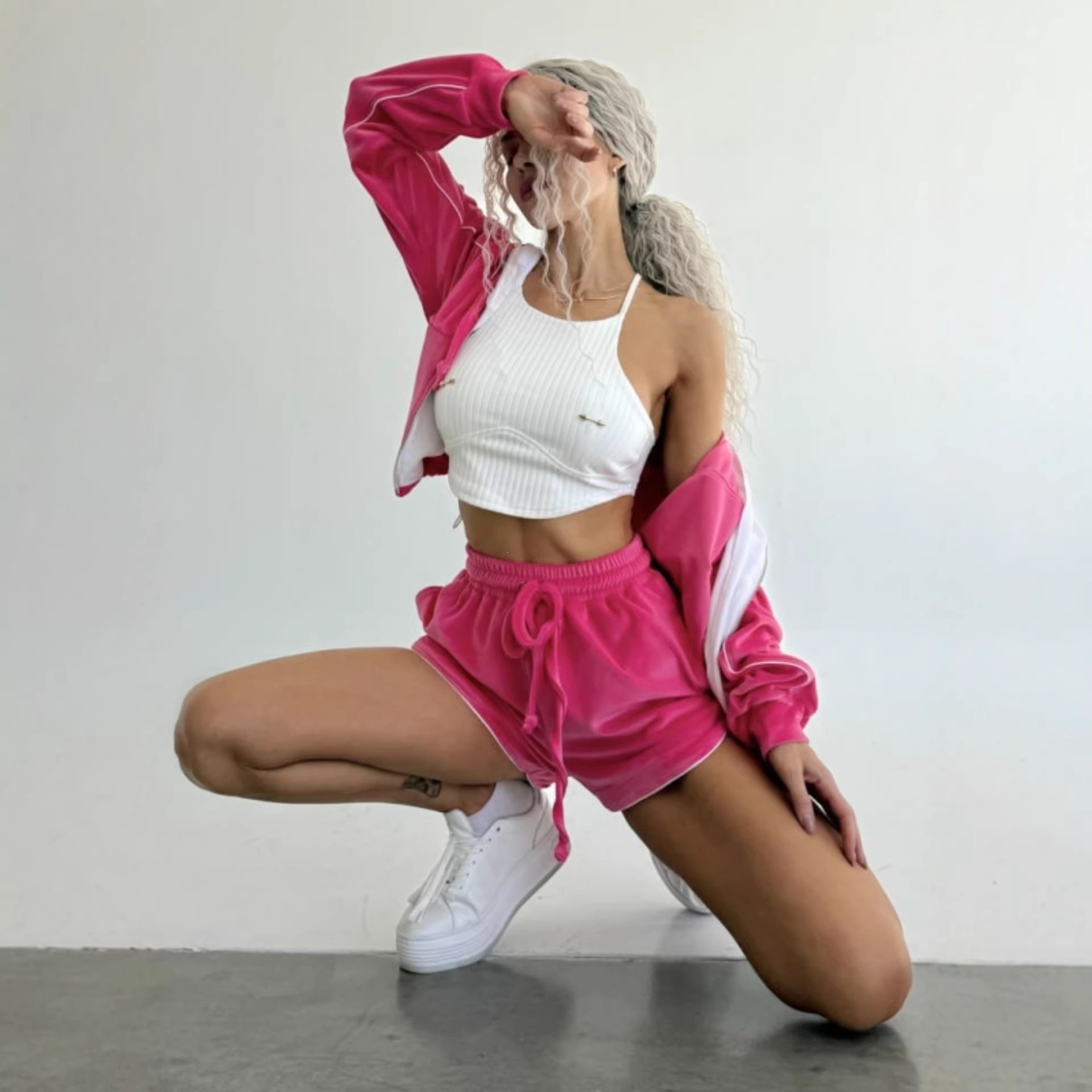 Velvet Colorblock Long-Sleeve Cardigan and Shorts Two-Piece Set