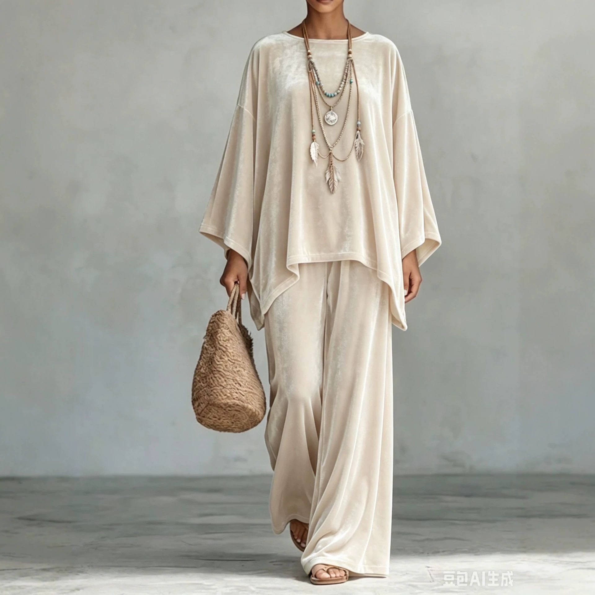 Velvet Round Neck Long Sleeve Loose Top & Wide Leg Pants Set