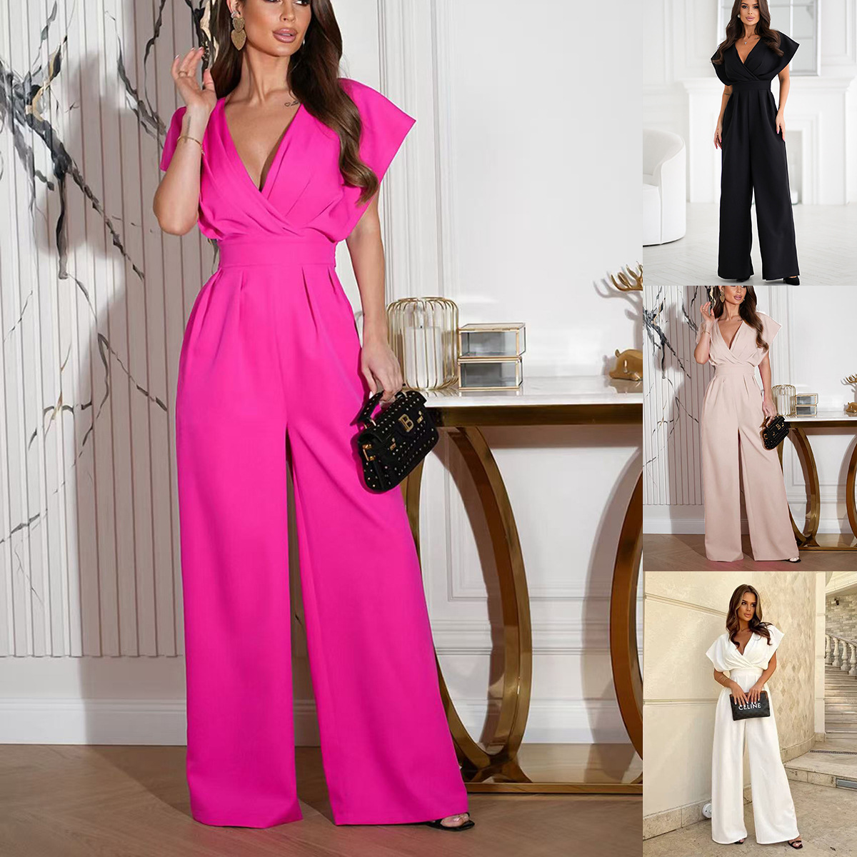 Women's V-Neck Solid Color Waist-Cinched Jumpsuit