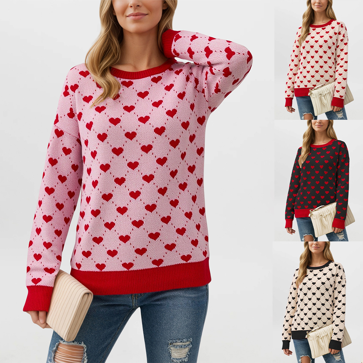 Women's Loose Oversized Heart Colorblock Crewneck Pullover Sweater