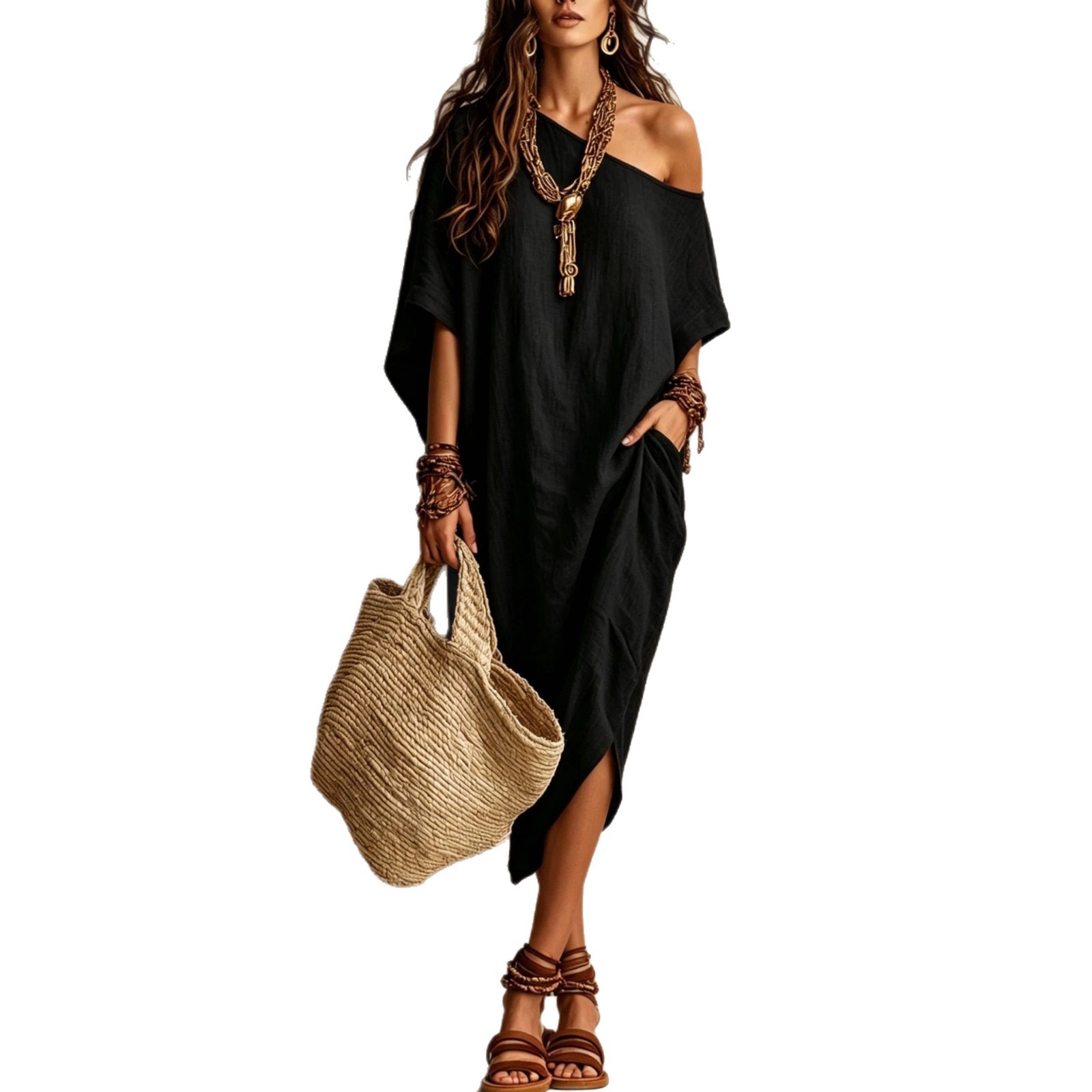 Solid One-Shoulder Loose Casual Dress