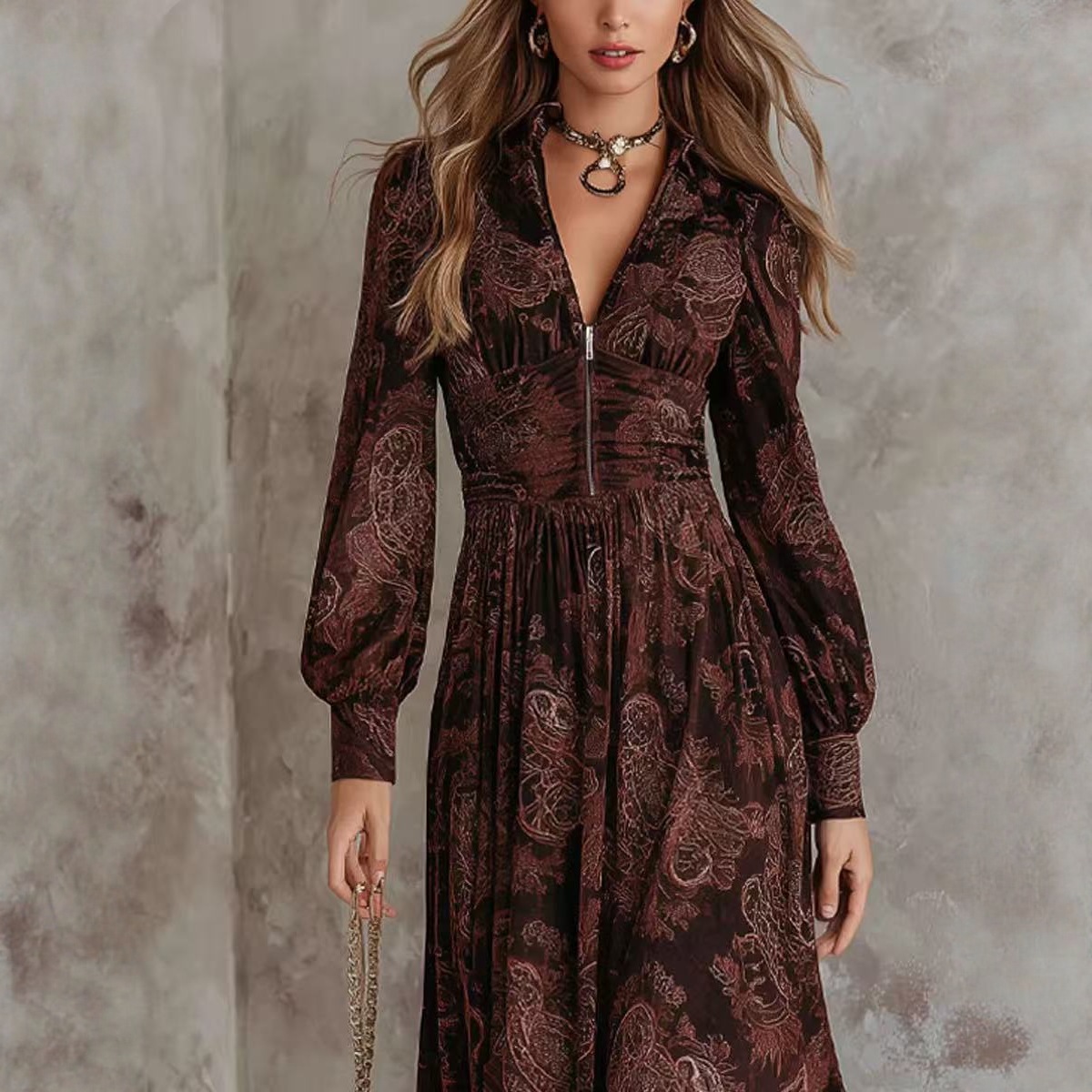 Retro Floral Print Long Sleeve V-Neck Cinched Waist Bubble Sleeve Long Dress