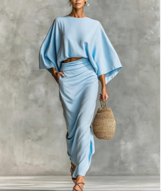 High-Waist Midi Skirt Set with Round-Neck Long-Sleeve Loose Top