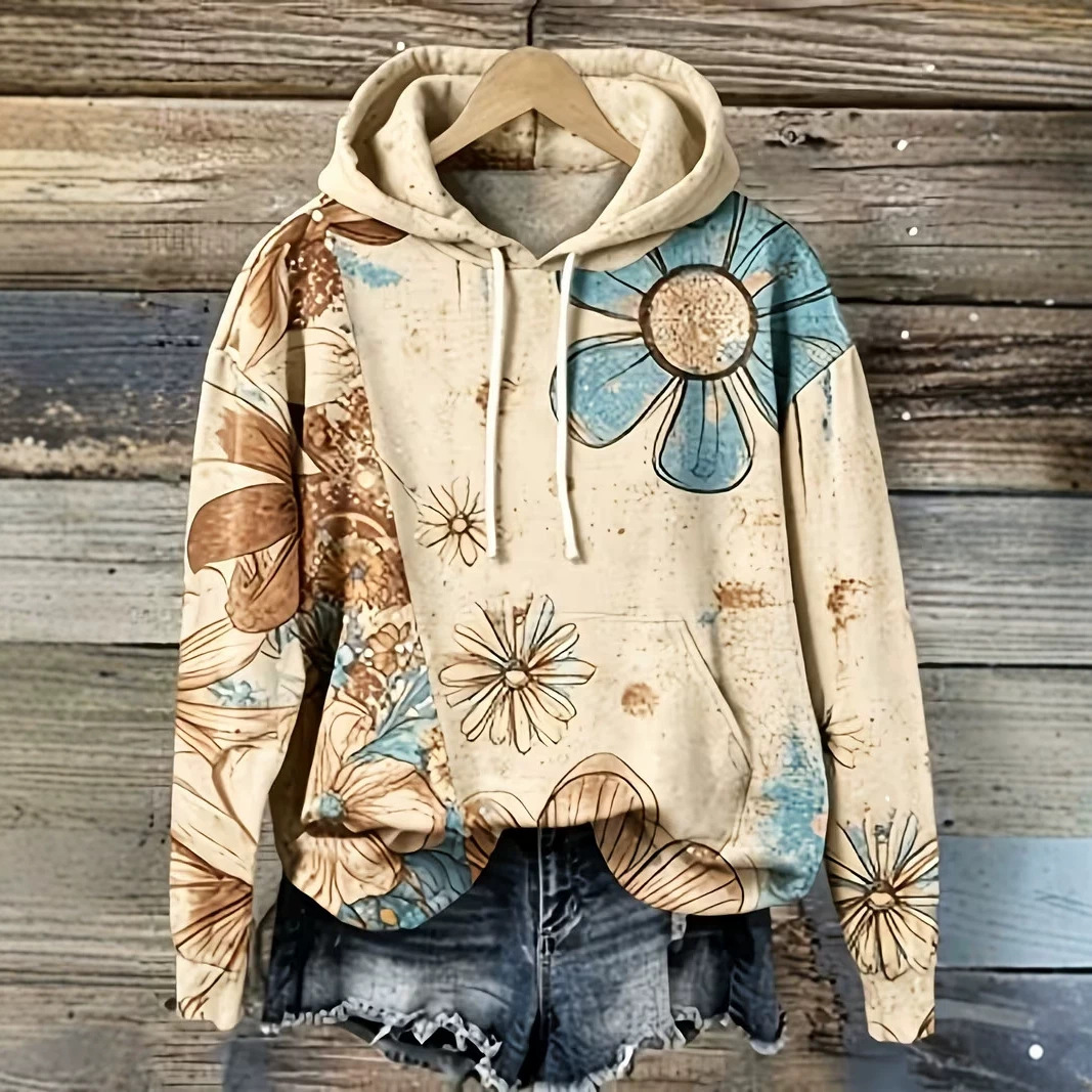 Floral Petal Print Women's Casual Hoodie