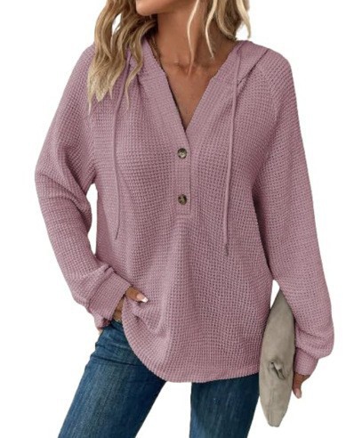 Women's Waffle Knit Drawstring Button V-Neck Hooded Sweatshirt