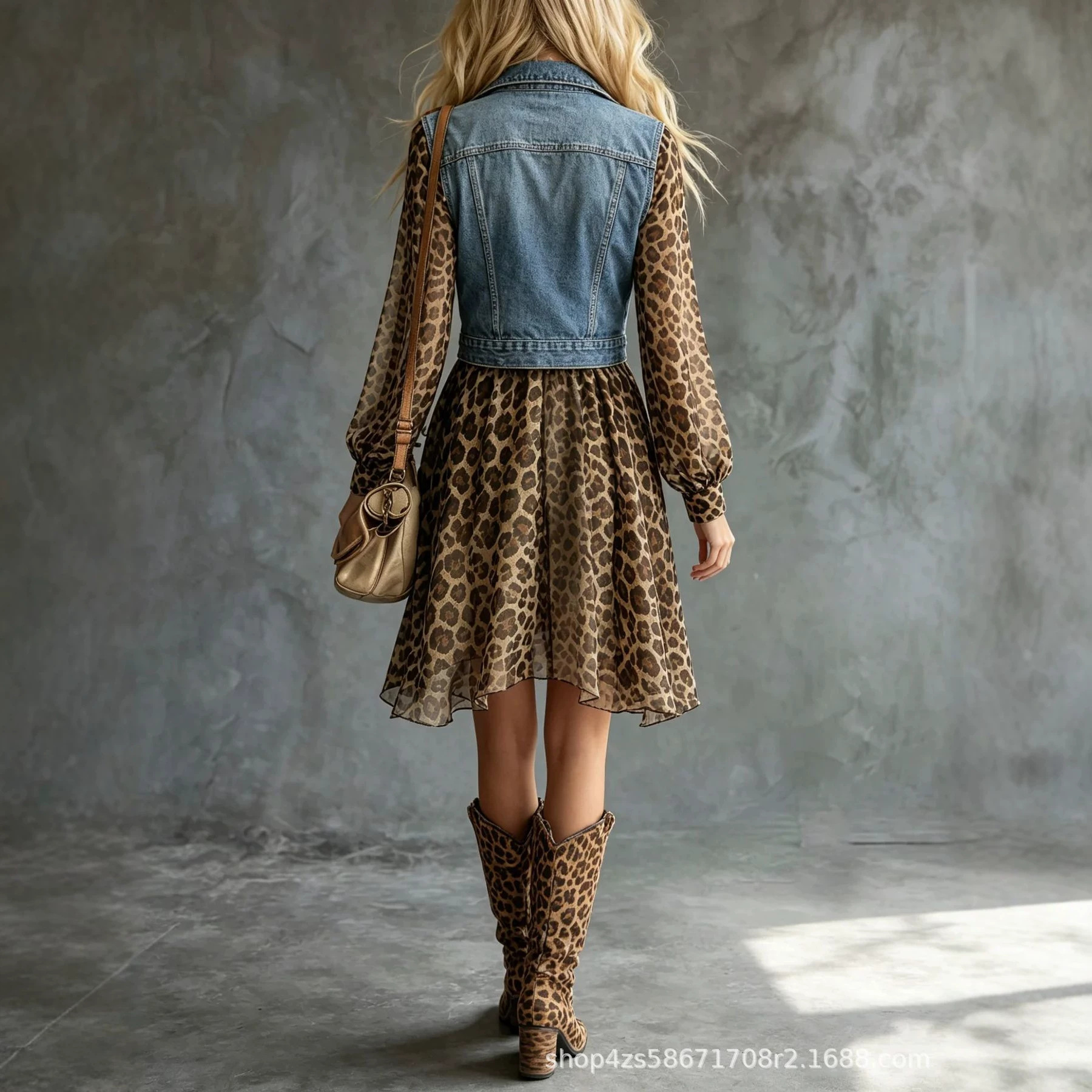Faux Denim Print Chiffon Patchwork Long Dress
