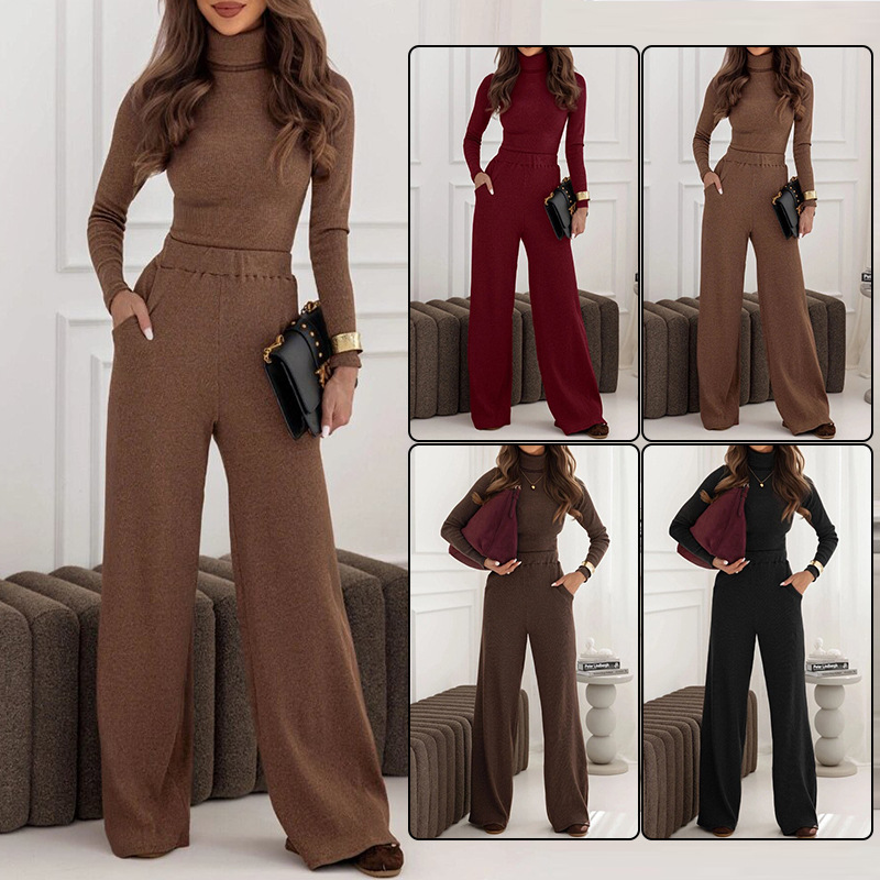 Women's Turtleneck Sweater and Wide-Leg Pants Two-Piece Knit Set
