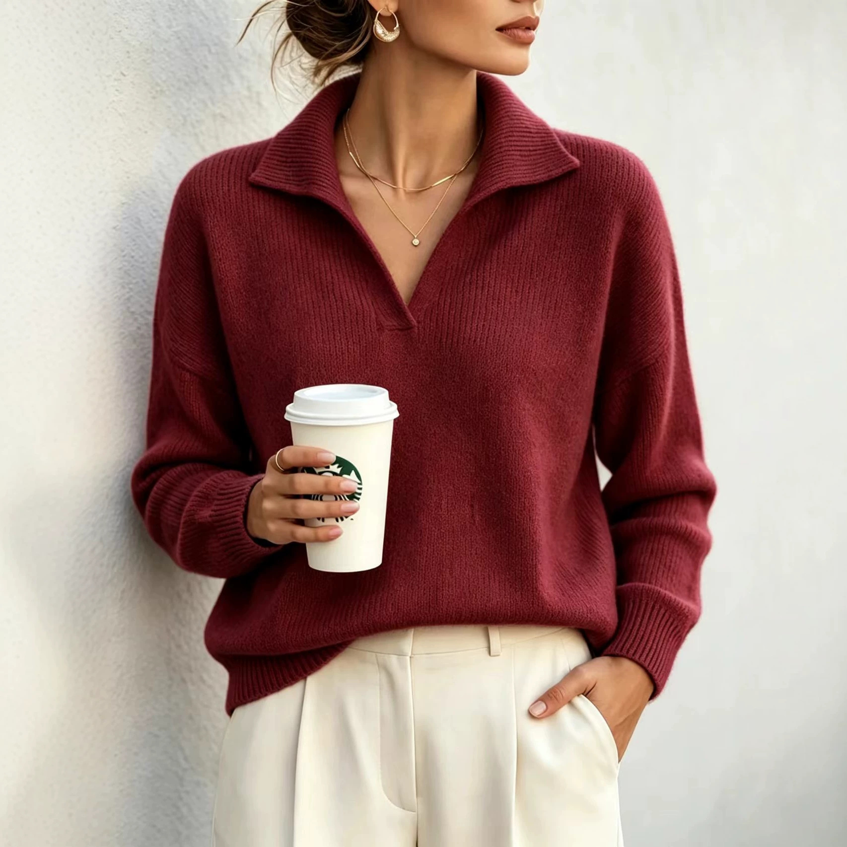 V-Neck Pullover Sweater Top Elegant Commuter Style Women's