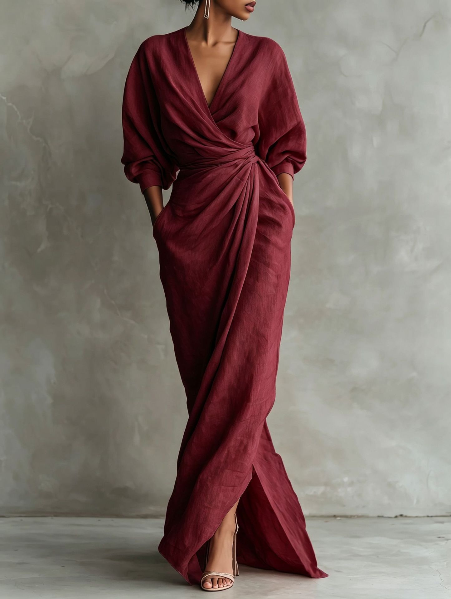 V-Neck Solid Linen-Blend Loose A-Line Midi Dress