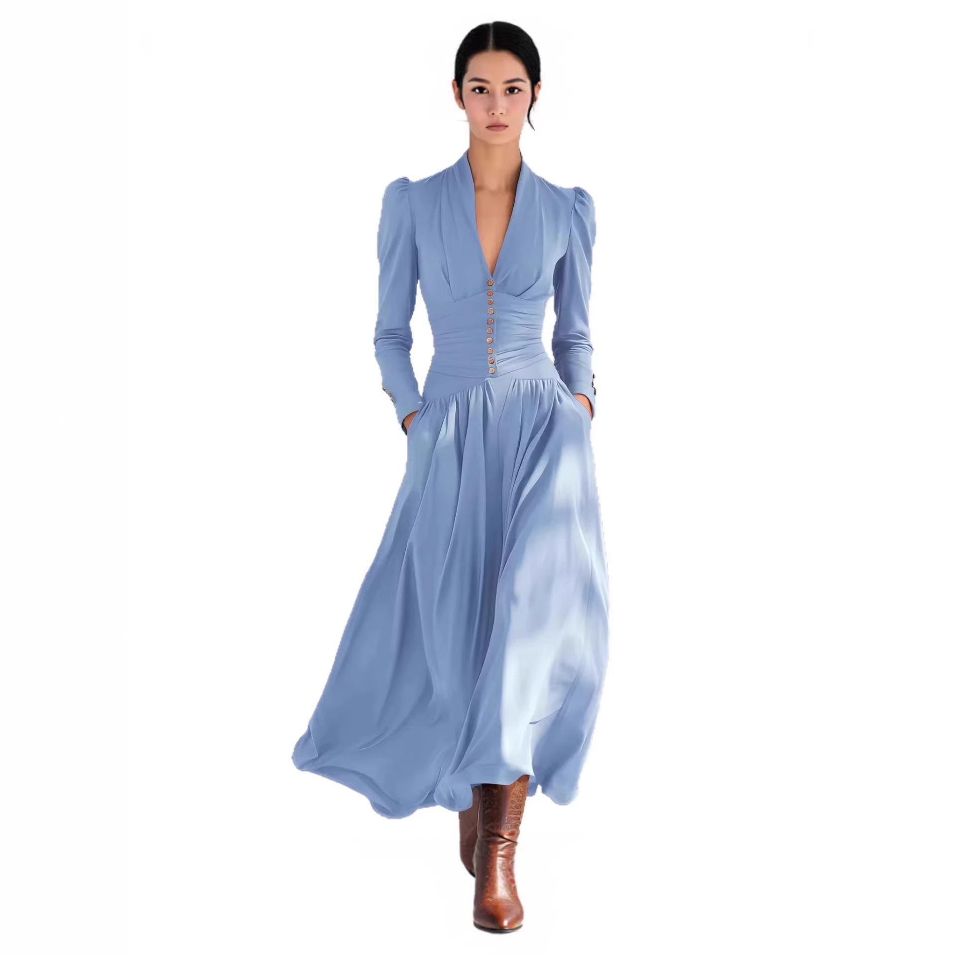 Elegant V-Neck Puff Sleeve Long Sleeve Maxi Dress with Cinched Waist