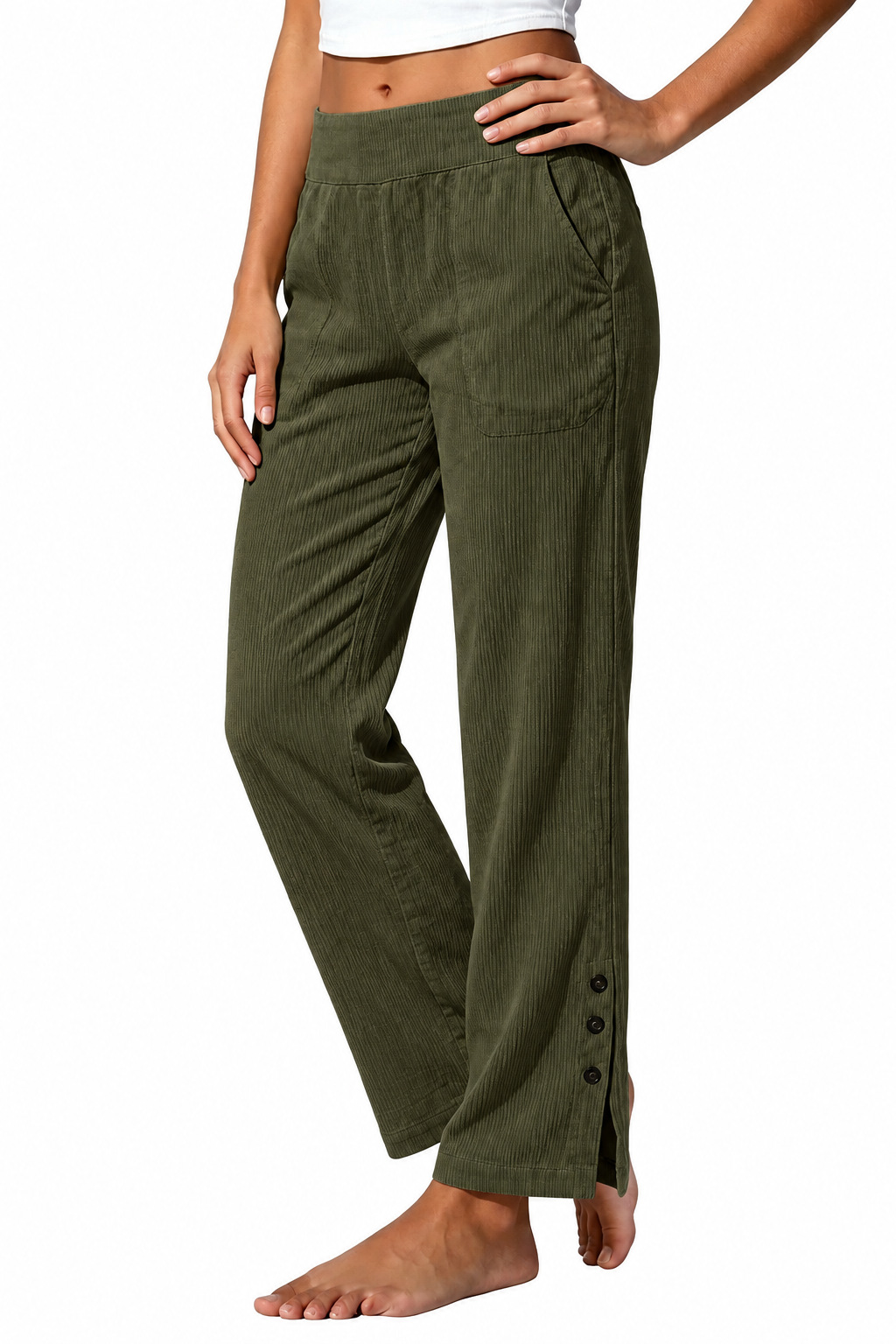 2026 European & American Cross-Border Women's Corduroy Casual Straight-Leg Pants High-Waist Loose Side-Pocket Slit Button Trousers for Women
