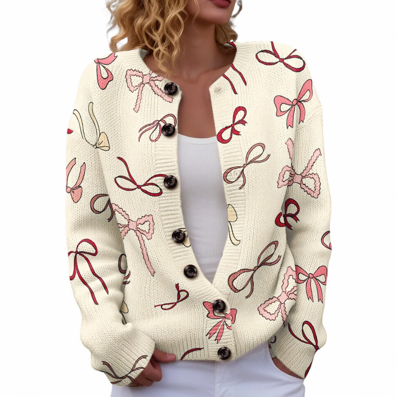 Women's Heart Ribbon Bow Cherry Print Cardigan