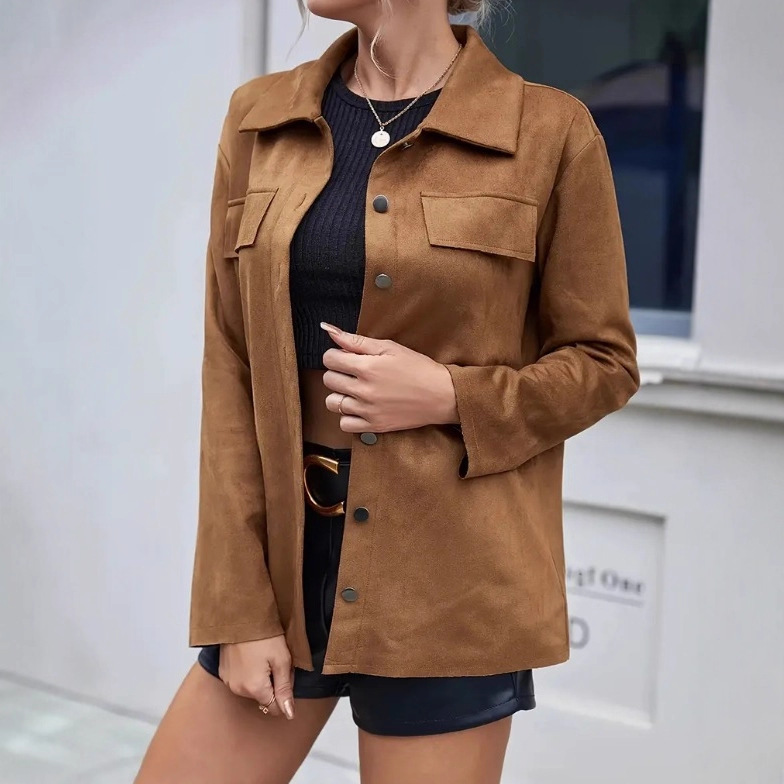 Women's Faux Suede Button-Front Collared Jacket Casual Light Brown