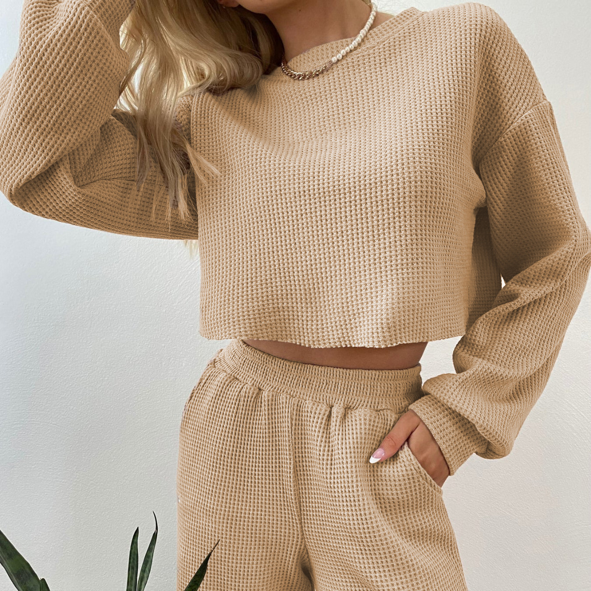 Women's Casual Waffle Knit Two-Piece Sweatsuit Set Long Sleeve